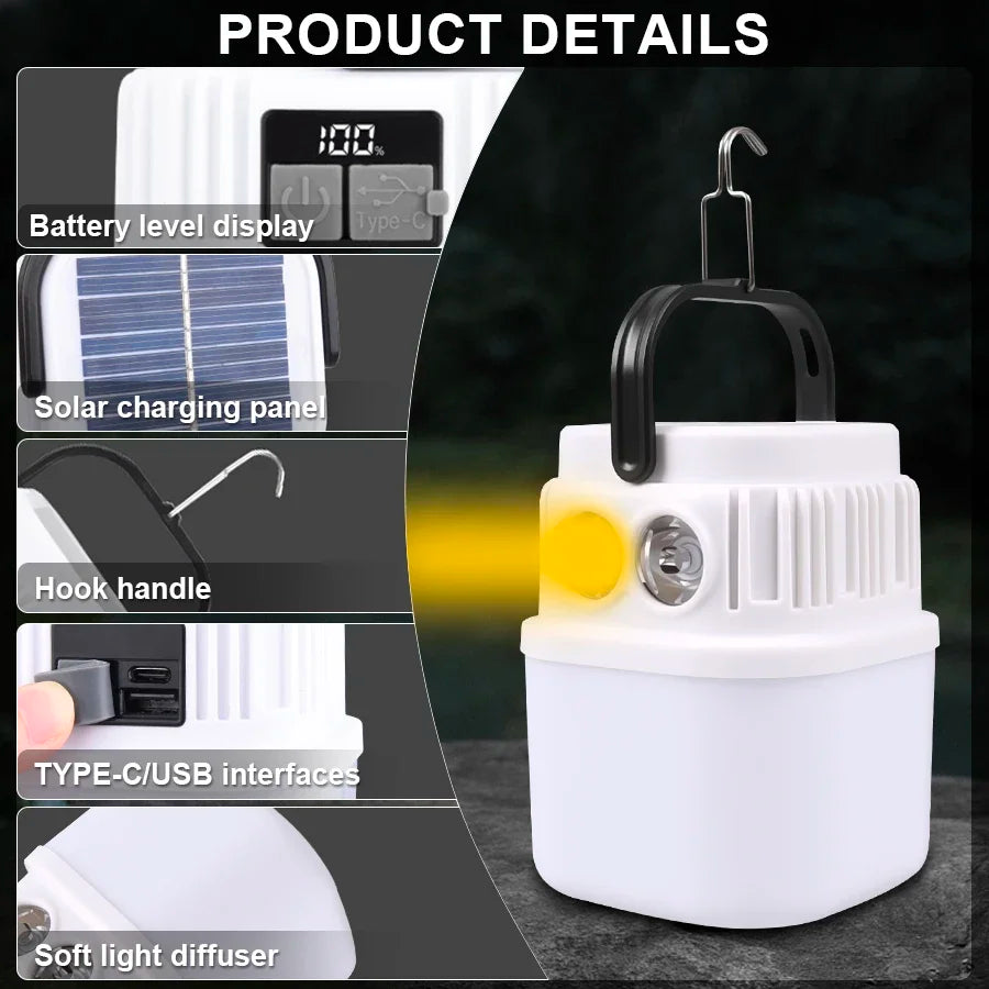 1000W Outdoor Solar LED Camping Light USB Rechargeable Tent Lamp Portable Lanterns Emergency Lights For BBQ Hiking Night Market
