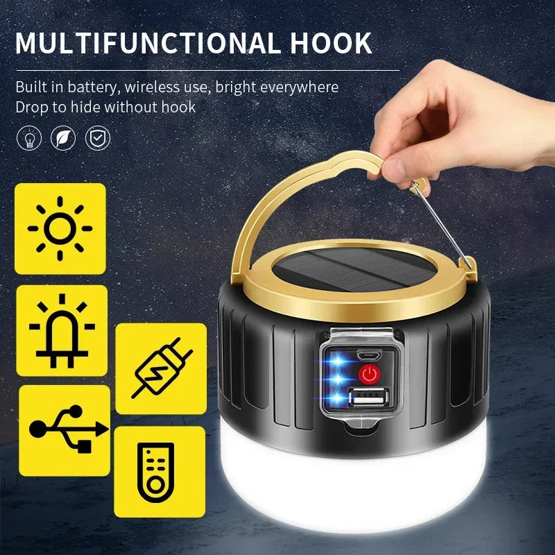 1000W Outdoor Solar LED Camping Light USB Rechargeable Tent Lamp Portable Lanterns Emergency Lights For BBQ Hiking Night Market
