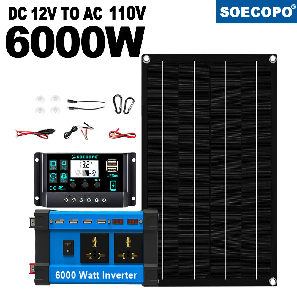 6000W Off-Grid Solar Kit with 800W Panel & Inverter 12V/24V-110V/220V for Home, Camping, RV 12V Battery System 100A Controller