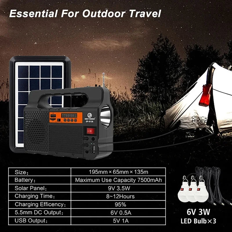 Portable Power Station Solar Lighting System with 3 Bulb 6W Solar Panel Mobile Power Supply Emergency Outdoor Power Bank Camping