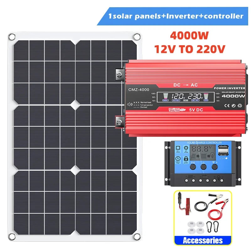 4000W portable solar panel kit 110V/220V inverter with 100A controller, suitable for camping, hiking, RV off grid solar system