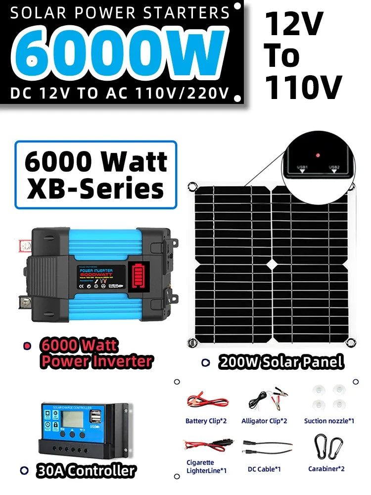 6000W Off Grid Solar Kit 110V/220V Inverter Controller Car Solar Power Bank System 200W 5V Solar Panel Camping for Home Plug