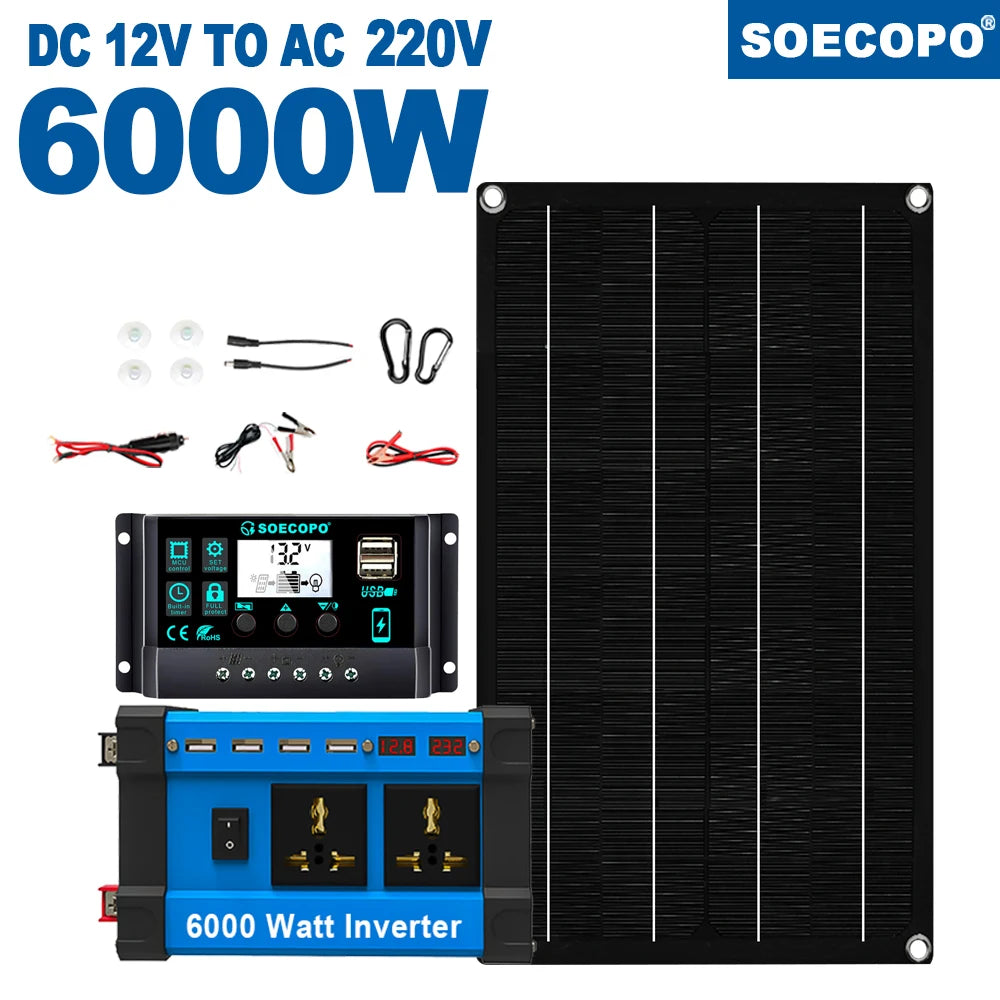 6000W Off-Grid Solar Kit with 800W Panel & Inverter 12V/24V-110V/220V for Home, Camping, RV 12V Battery System 100A Controller