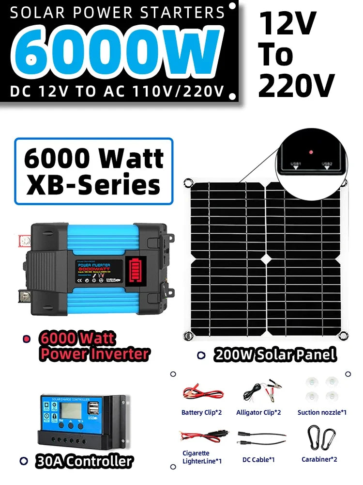 6000W Off Grid Solar Kit 110V/220V Inverter Controller Car Solar Power Bank System 200W 5V Solar Panel Camping for Home Plug
