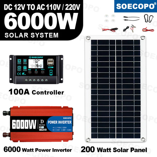 6000W Solar System Complete Kit 12V To 110V/220V 100A Controller 200W Panel Off-Grid Inverter System for Home/Camping Backup