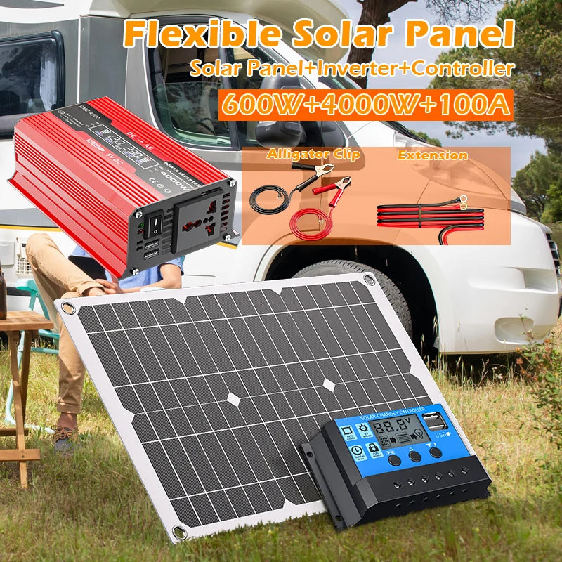 4000W portable solar panel kit 110V/220V inverter with 100A controller, suitable for camping, hiking, RV off grid solar system