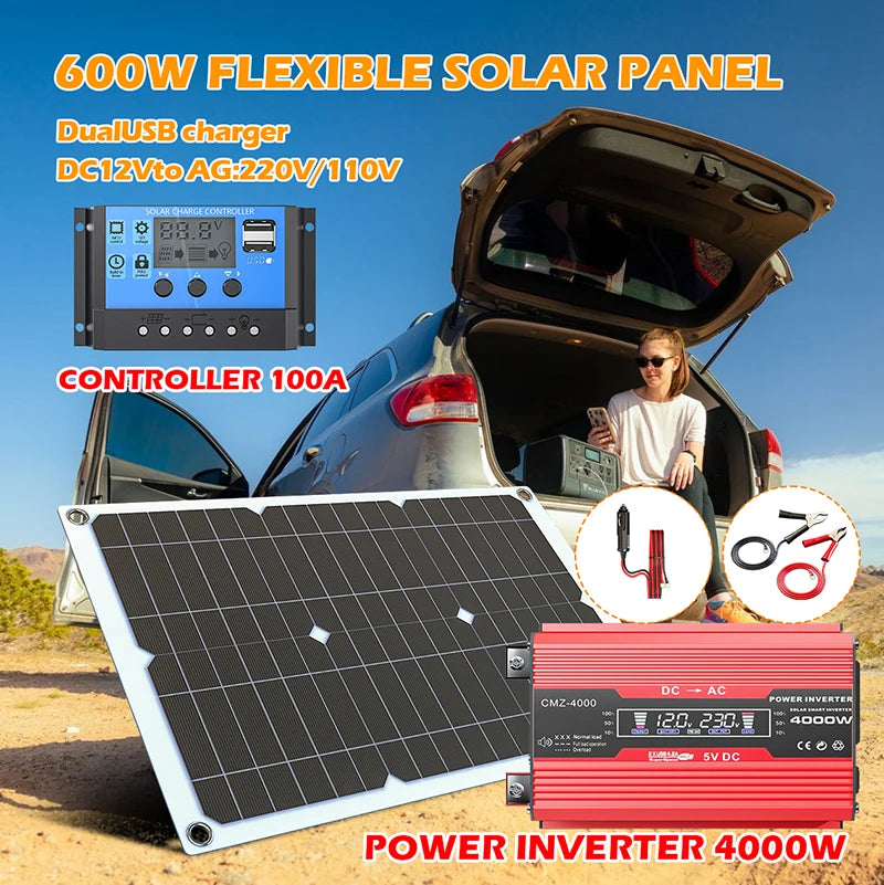 4000W portable solar panel kit 110V/220V inverter with 100A controller, suitable for camping, hiking, RV off grid solar system