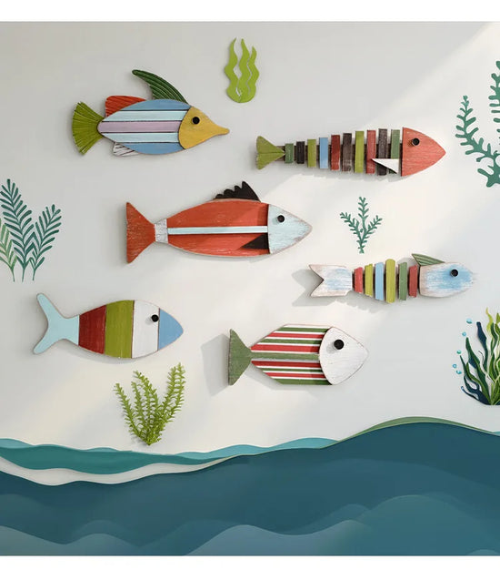 Mediterranean Style Colorful Wood Fish Wall Hanging Ornaments Vintage Ocean Beach Theme Coffee Bar Home Living Room Wall Decor