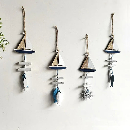 Mediterranean Style Decorative Wall Hanging Fishnet Marine Decoration Shell Fish Boat Wooden Pendants Home Decor