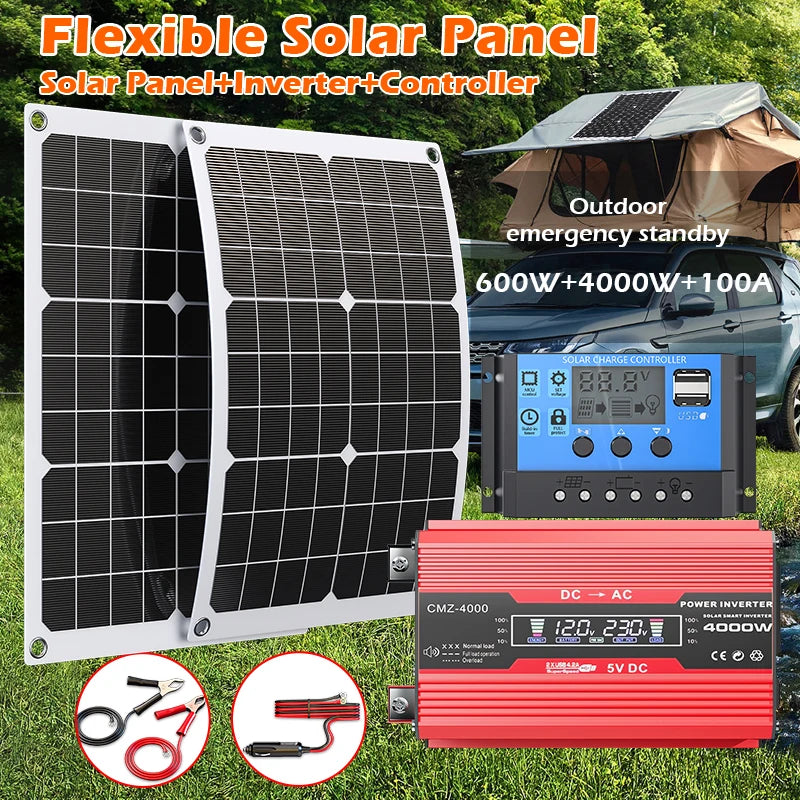 4000W portable solar panel kit 110V/220V inverter with 100A controller, suitable for camping, hiking, RV off grid solar system