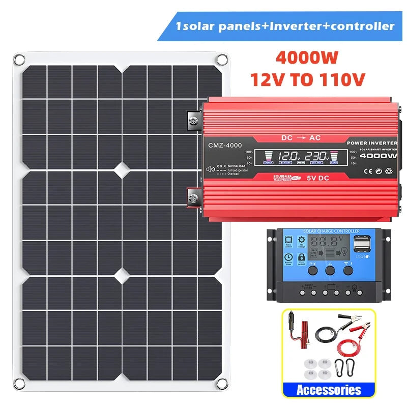 4000W portable solar panel kit 110V/220V inverter with 100A controller, suitable for camping, hiking, RV off grid solar system