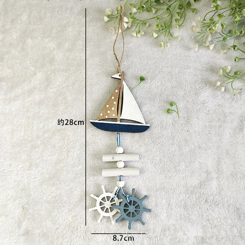 Mediterranean Style Decorative Wall Hanging Fishnet Marine Decoration Shell Fish Boat Wooden Pendants Home Decor
