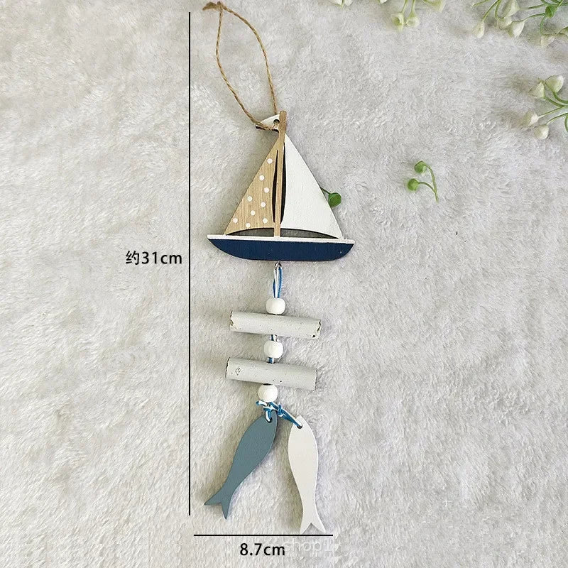 Mediterranean Style Decorative Wall Hanging Fishnet Marine Decoration Shell Fish Boat Wooden Pendants Home Decor